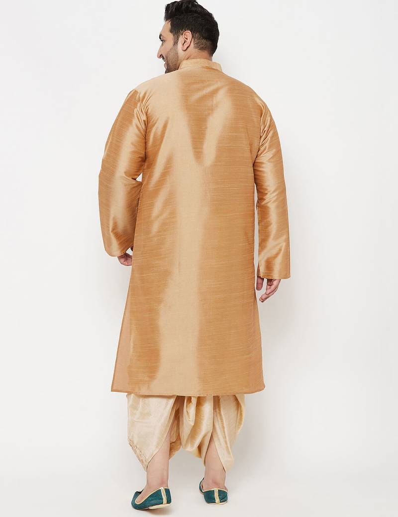 Men's rose gold and gold silk blend kurta and dhoti set