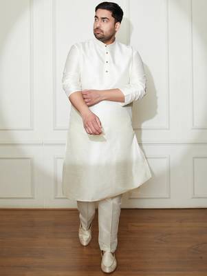 Men's cream silk blend kurta pyjama set 1
