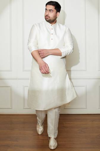 Men's cream silk blend kurta pyjama set