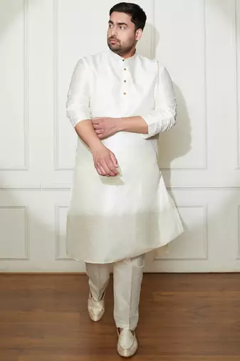 Men's cream silk blend kurta pyjama set