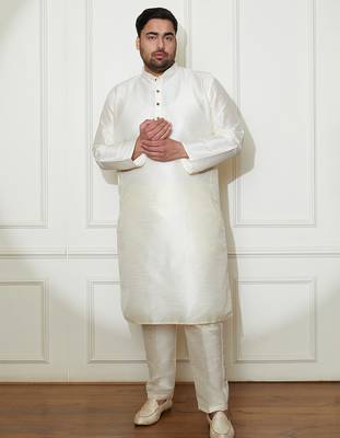 Men's cream silk blend kurta pyjama set 2