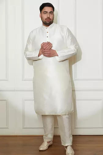 Men's cream silk blend kurta pyjama set