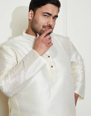 Men's cream silk blend kurta pyjama set 3