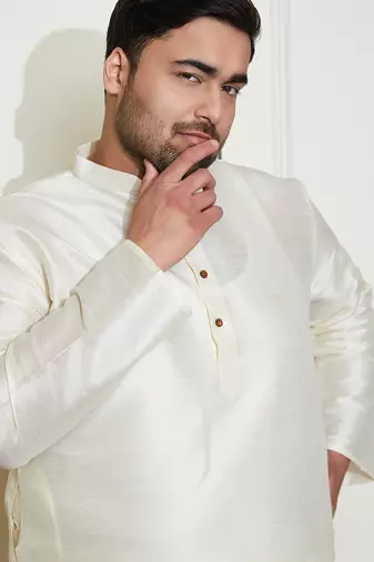 Men's cream silk blend kurta pyjama set