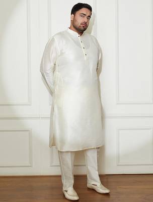 Men's cream silk blend kurta pyjama set 4