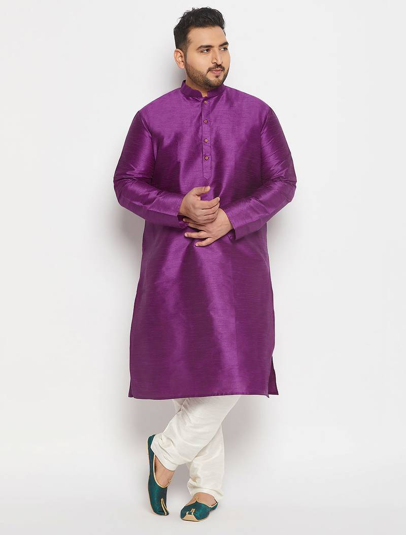 Men's purple and cream silk blend kurta pyjama set