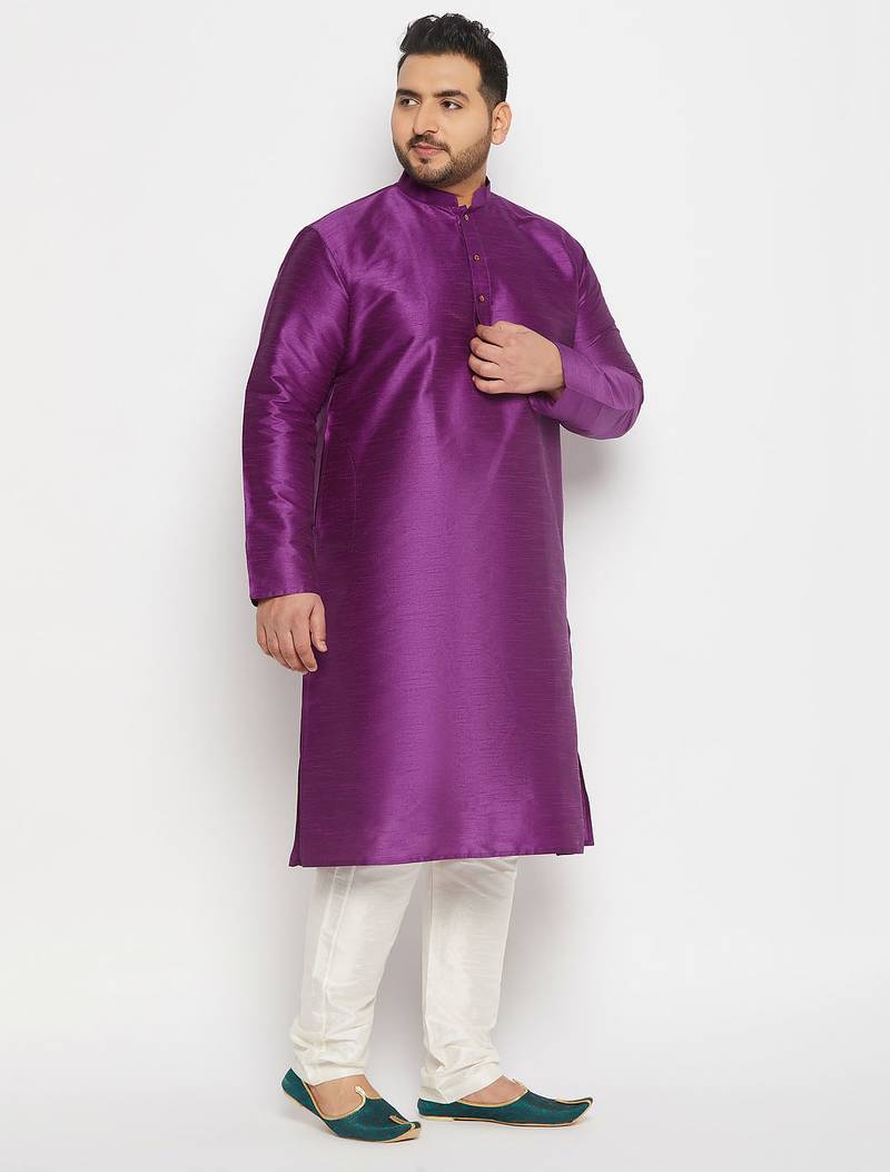 Men's purple and cream silk blend kurta pyjama set
