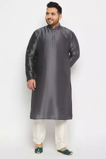 Men's steel and cream silk blend kurta pyjama set