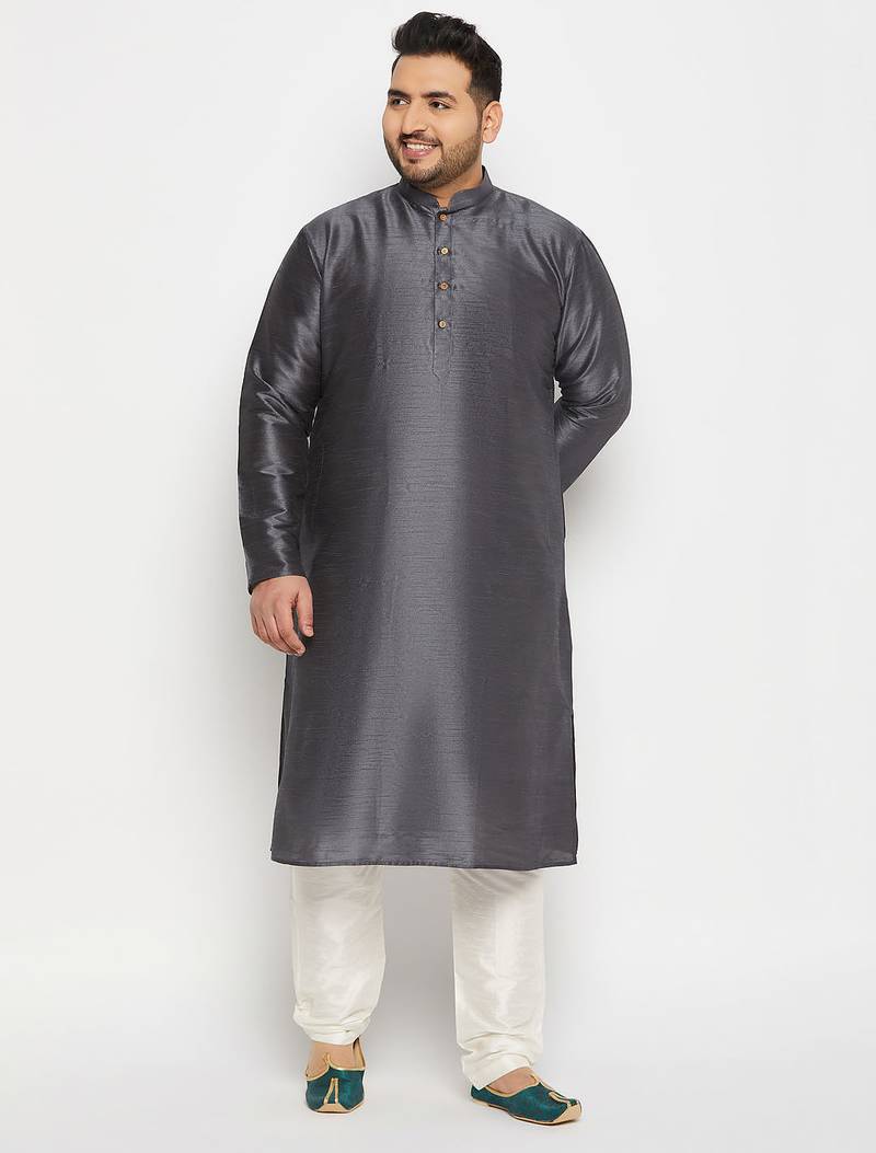 Men's steel and cream silk blend kurta pyjama set
