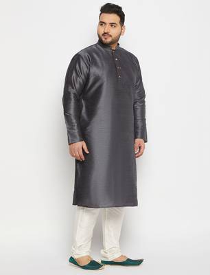 Men's steel and cream silk blend kurta pyjama set 2
