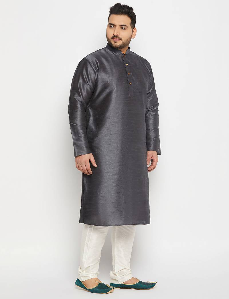 Men's steel and cream silk blend kurta pyjama set