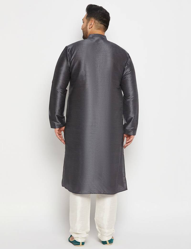 Men's steel and cream silk blend kurta pyjama set