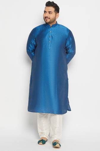 Men's turquoise and cream silk blend kurta pyjama set