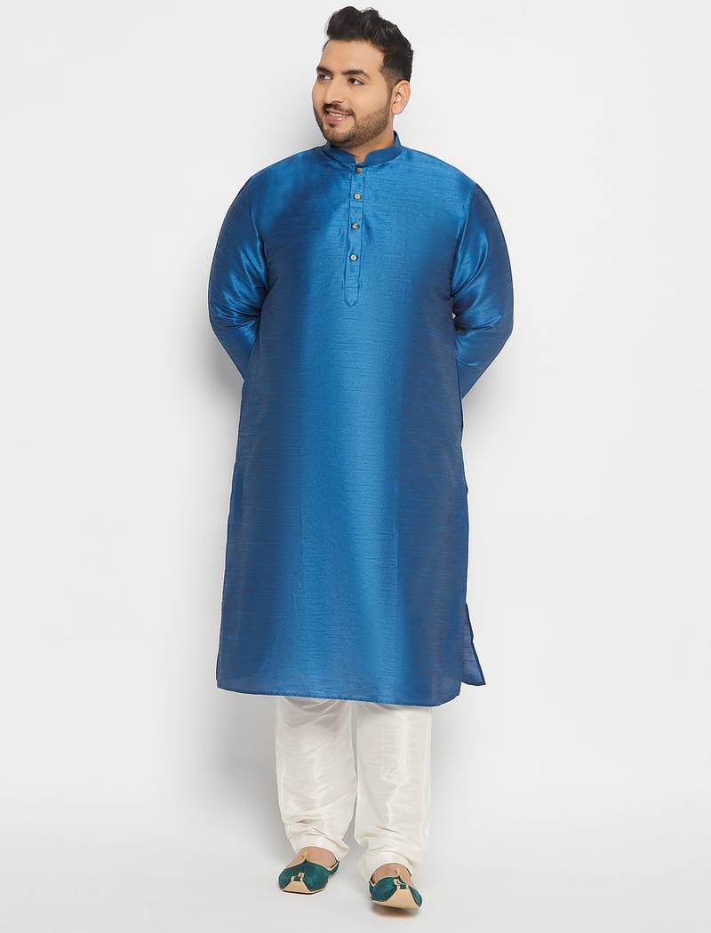 Men's turquoise and cream silk blend kurta pyjama set