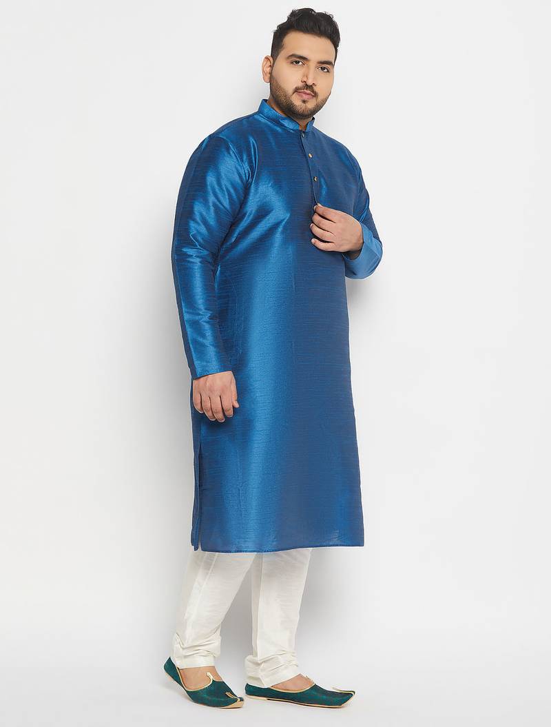 Men's turquoise and cream silk blend kurta pyjama set