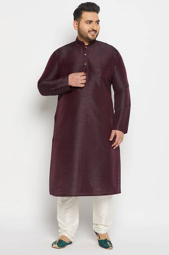 Men's wine and cream silk blend kurta pyjama set