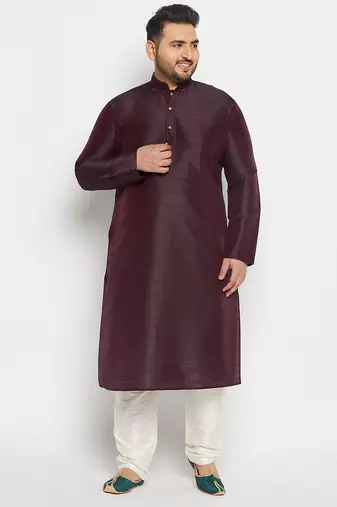 Men's wine and cream silk blend kurta pyjama set