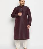 Men's wine and cream silk blend kurta pyjama set