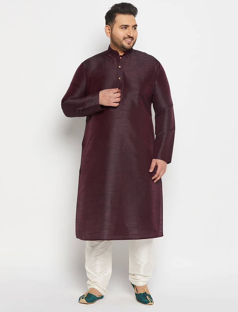 Men's wine and cream silk blend kurta pyjama set