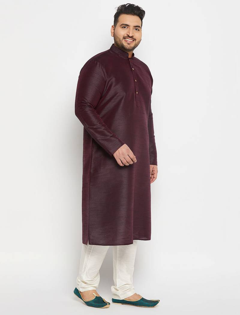 Men's wine and cream silk blend kurta pyjama set