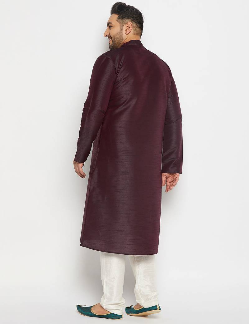 Men's wine and cream silk blend kurta pyjama set