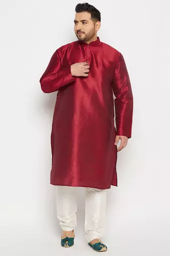 Men's maroon and cream silk blend kurta pyjama set