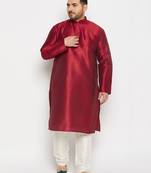 Men's maroon and cream silk blend kurta pyjama set