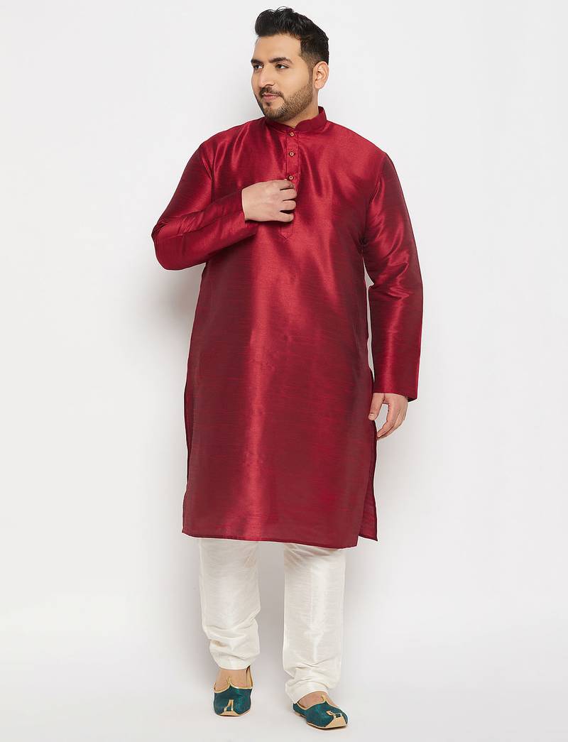 Men's maroon and cream silk blend kurta pyjama set