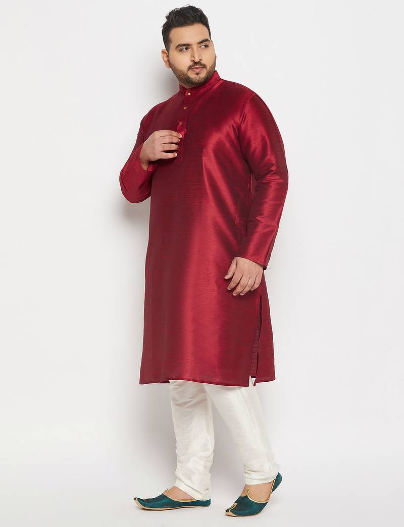 Men's maroon and cream silk blend kurta pyjama set