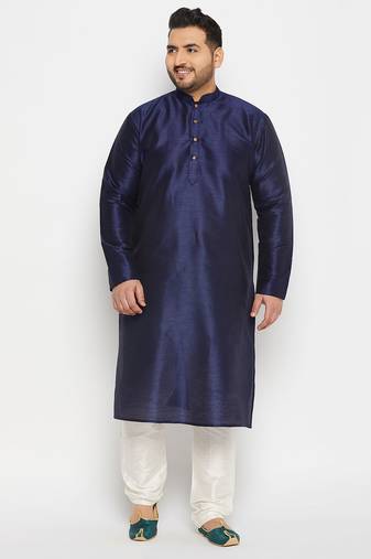 Men's navy blue and cream silk blend kurta pyjama set