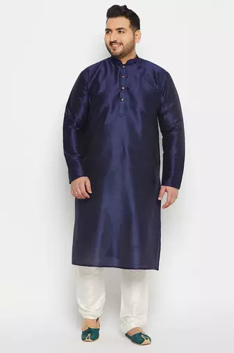 Men's navy blue and cream silk blend kurta pyjama set