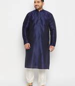 Men's navy blue and cream silk blend kurta pyjama set