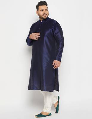 Men's navy blue and cream silk blend kurta pyjama set 2