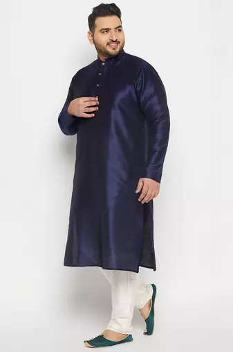 Men's navy blue and cream silk blend kurta pyjama set