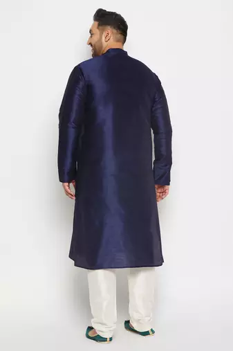 Men's navy blue and cream silk blend kurta pyjama set