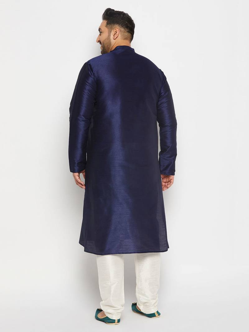 Men's navy blue and cream silk blend kurta pyjama set