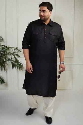 Men's black and cream cotton blend pathani kurta set