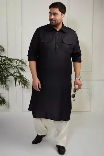 Men's black and cream cotton blend pathani kurta set