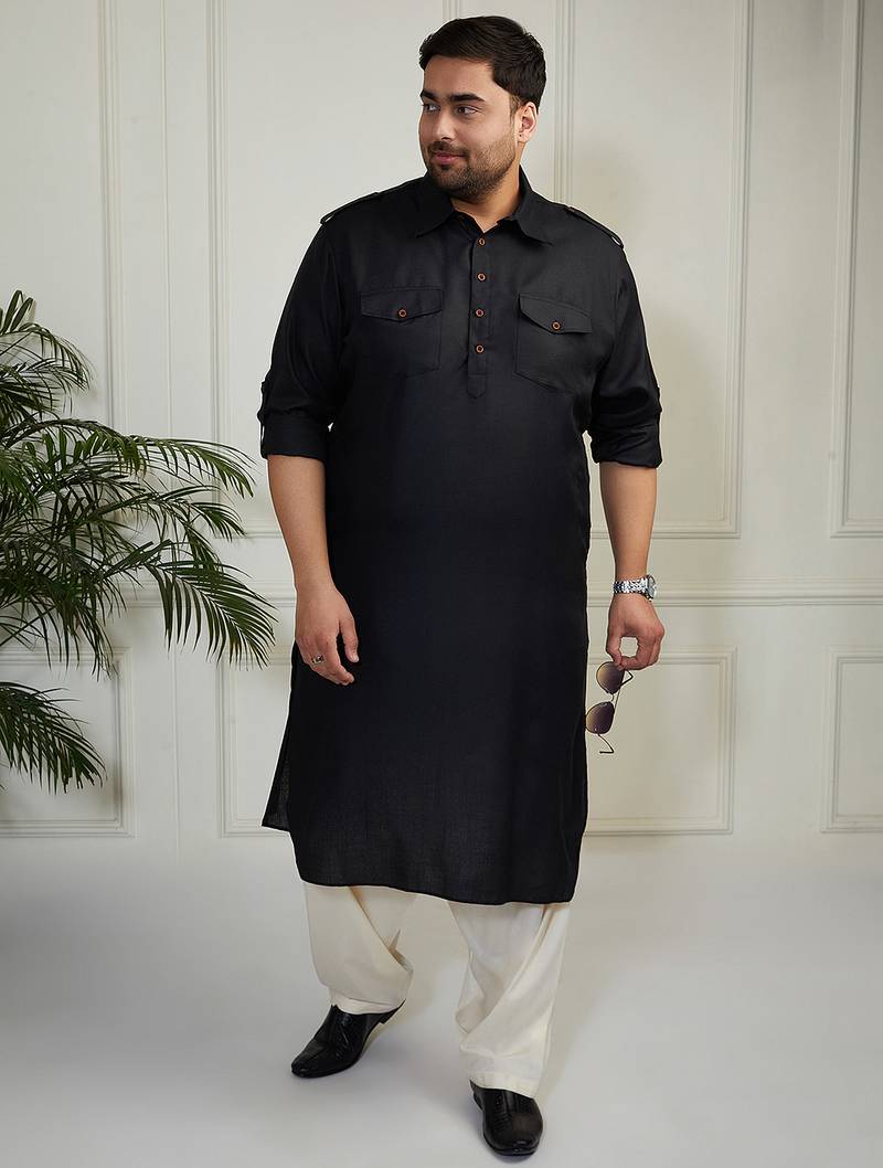 Men's black and cream cotton blend pathani kurta set