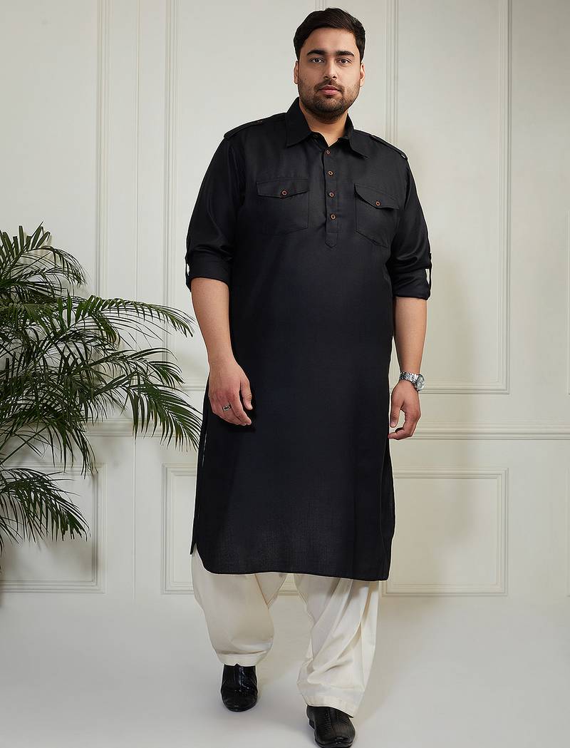 Men's black and cream cotton blend pathani kurta set