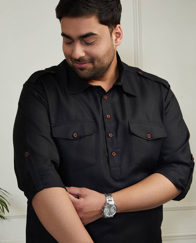 Men's black and cream cotton blend pathani kurta set