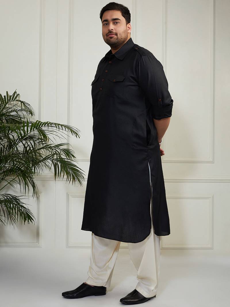 Men's black and cream cotton blend pathani kurta set