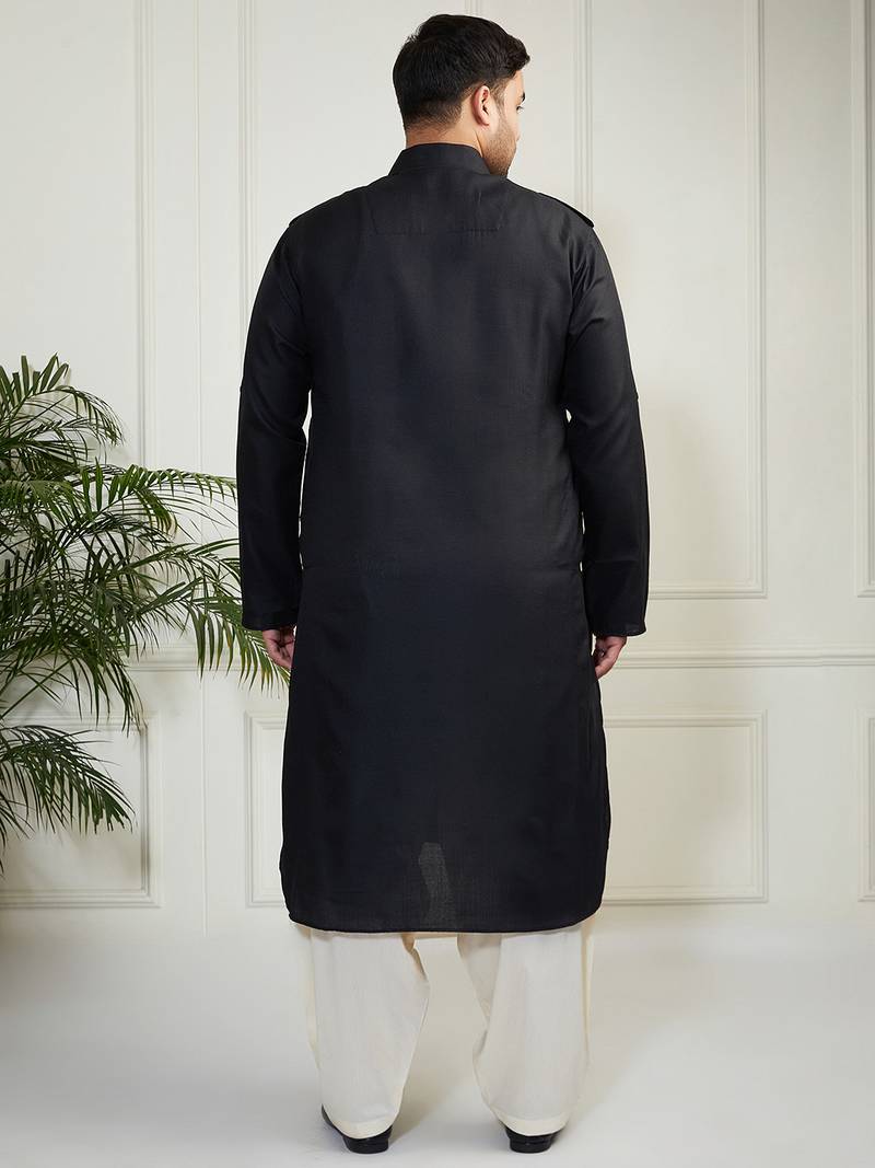 Men's black and cream cotton blend pathani kurta set