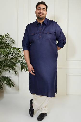 Men's blue and cream cotton blend pathani kurta set