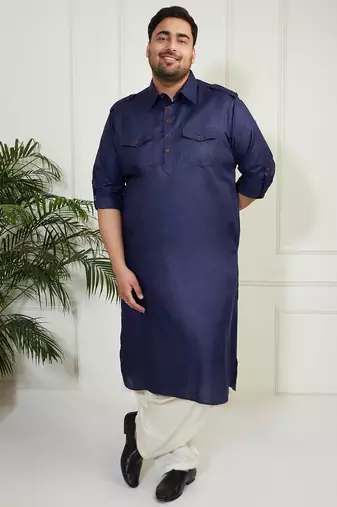 Men's blue and cream cotton blend pathani kurta set