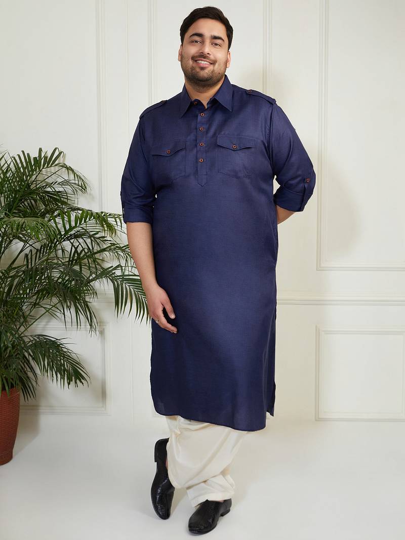 Men's blue and cream cotton blend pathani kurta set