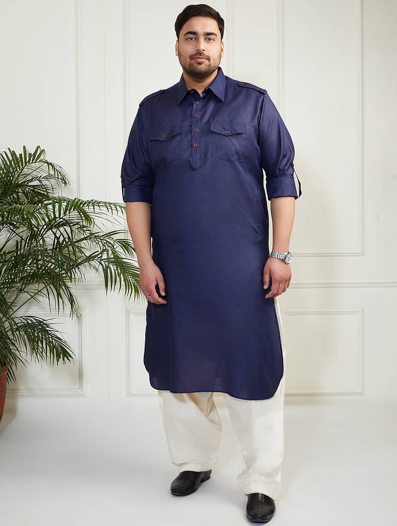 Men's blue and cream cotton blend pathani kurta set