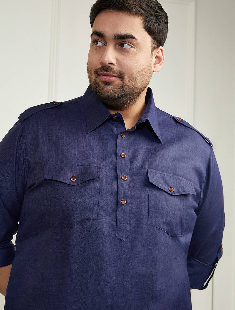 Men's blue and cream cotton blend pathani kurta set