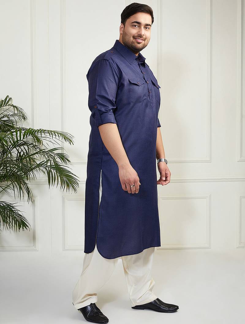 Men's blue and cream cotton blend pathani kurta set