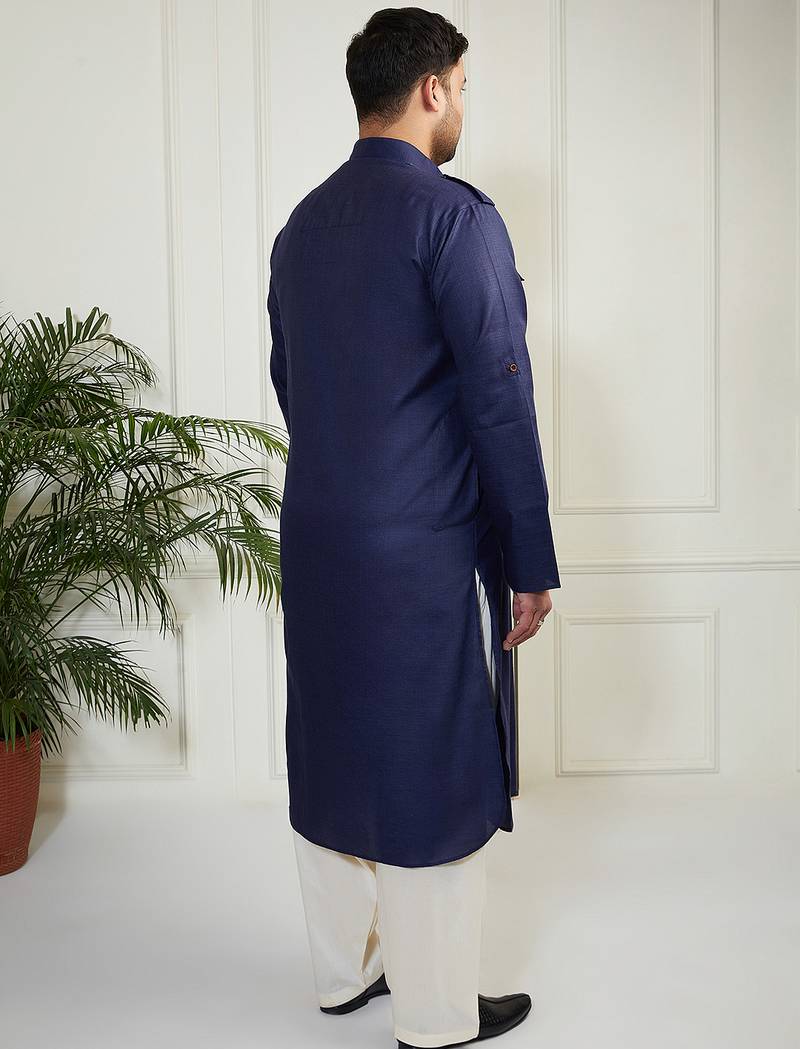 Men's blue and cream cotton blend pathani kurta set